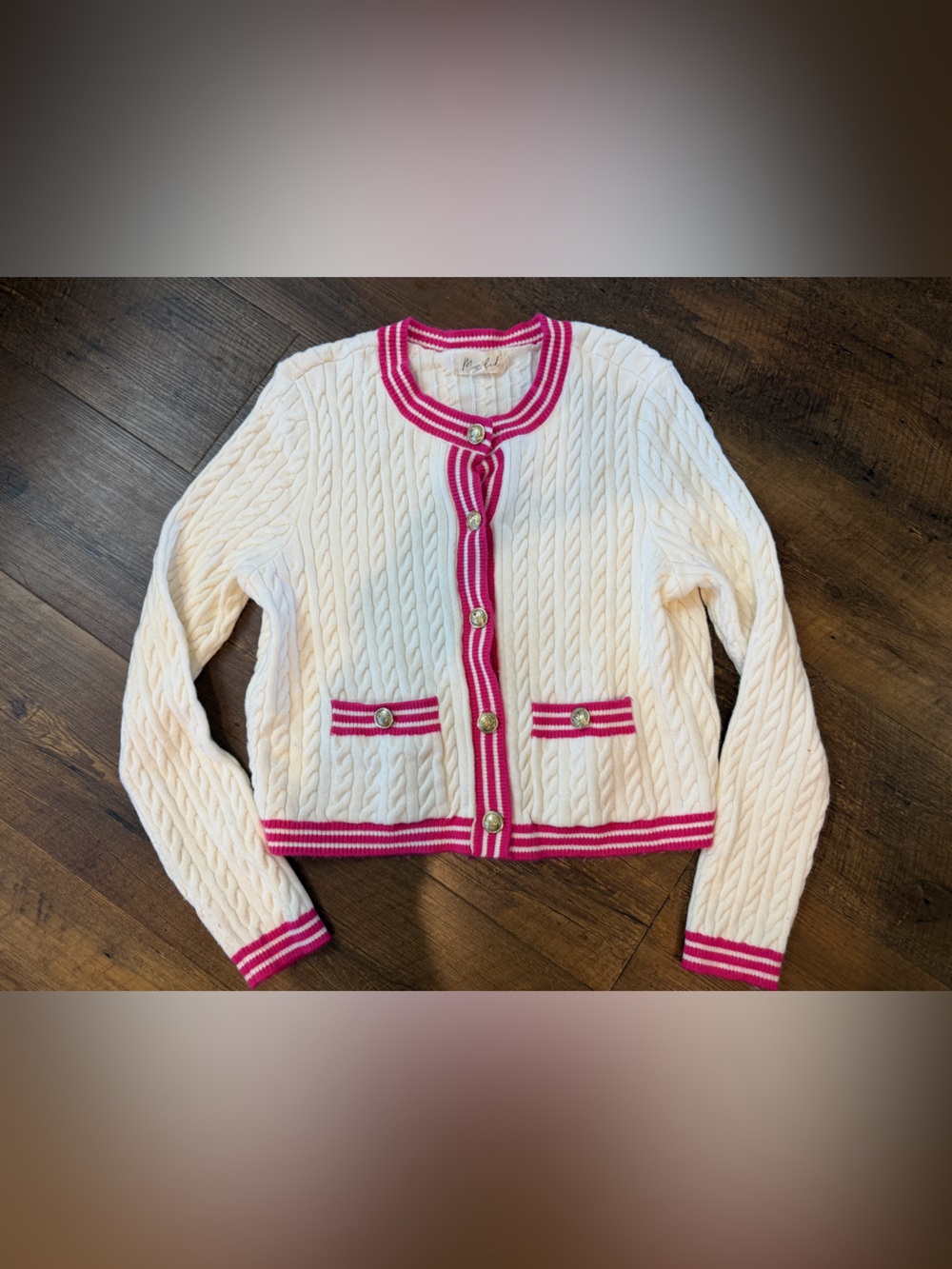 Marled Cream Cable Knit Cardigan with Hot Pink Trim
